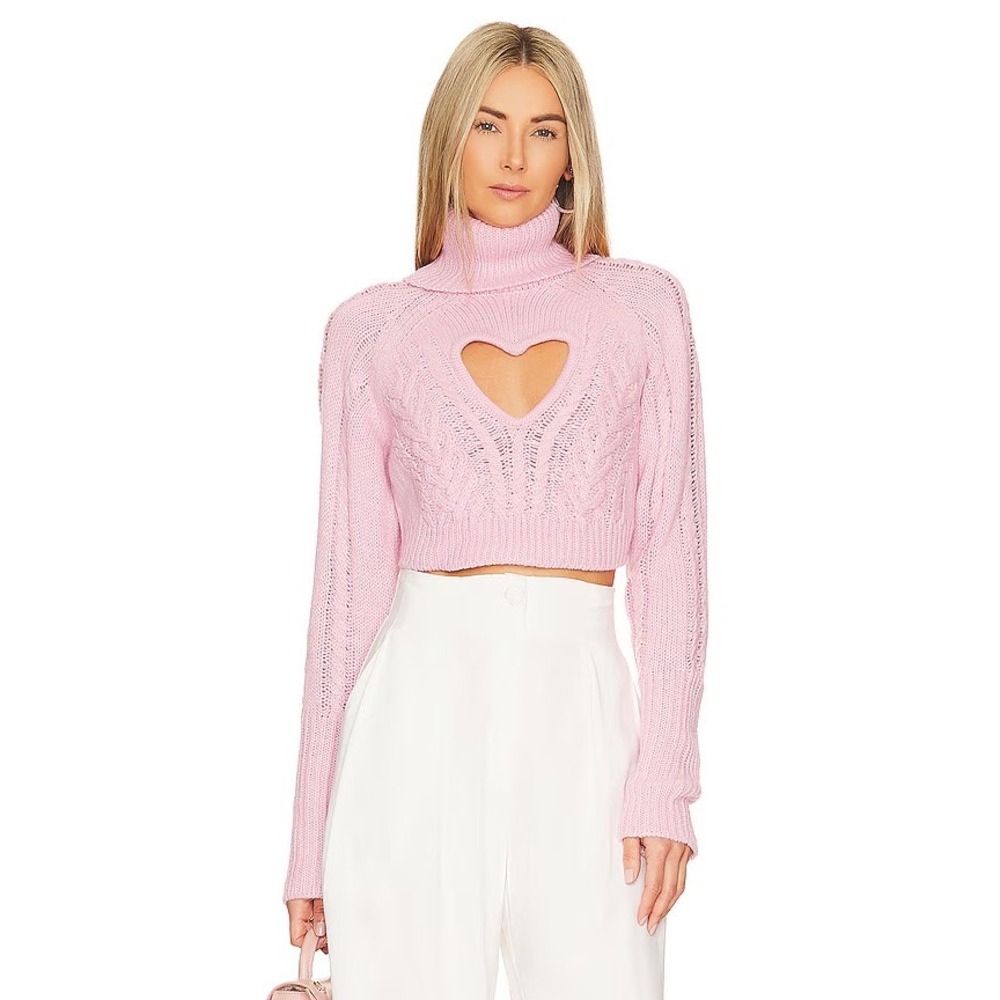 For Love & Lemons Vera Cropped Turtleneck Sweater Pink Heart Cutout XS NEW - Picture 7 of 7